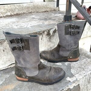 Sorel Major Boots Pull On + Buckle Gray Leather Mid-Calf Women US 9 NL2166-028
